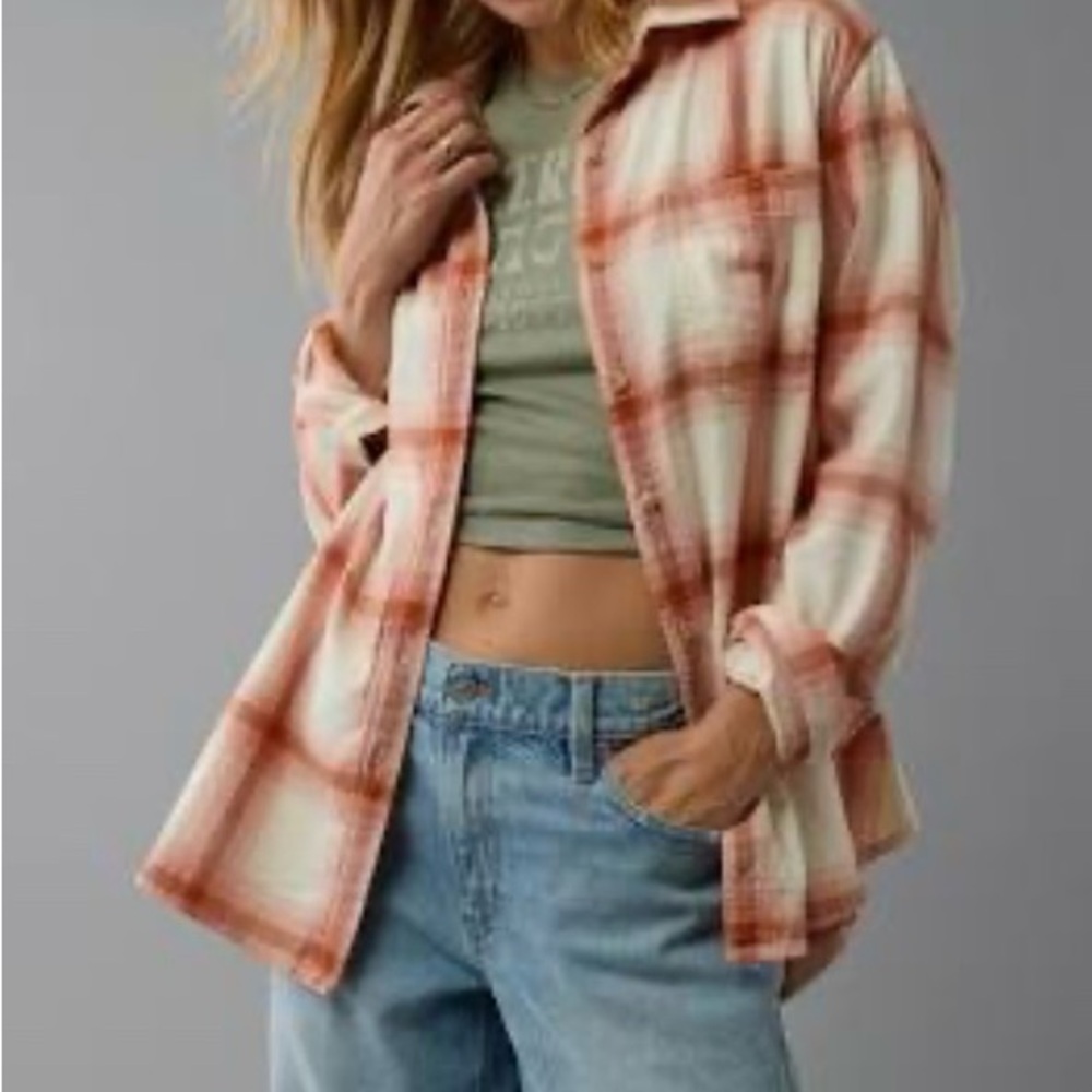 ae oversized plaid flannel shirt brick red